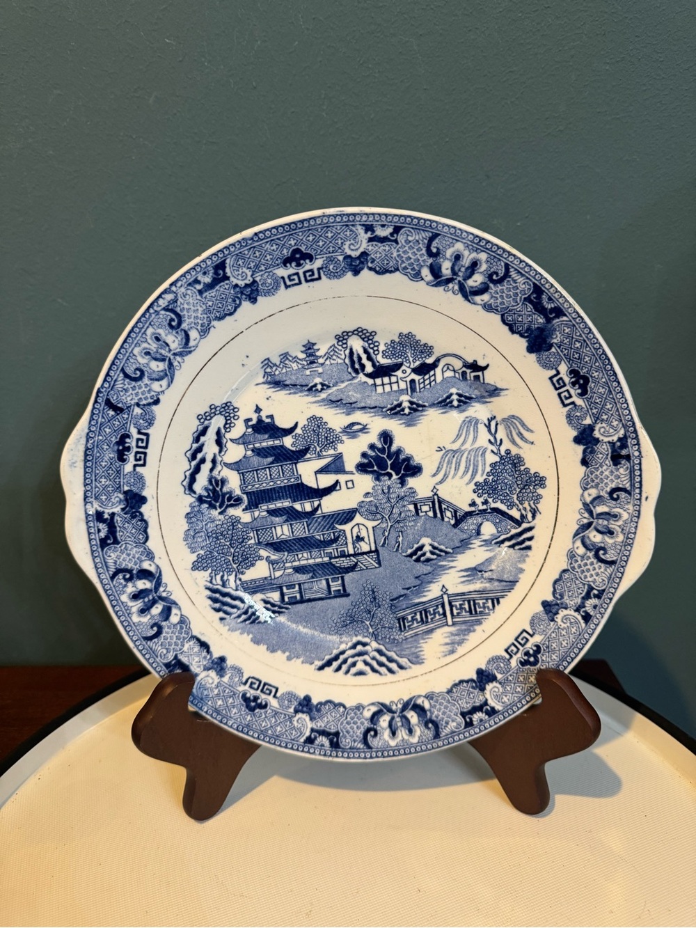 Vintage Blue Willow Tab-Handled Cake Plate - Unmarked Blue & White Transferware